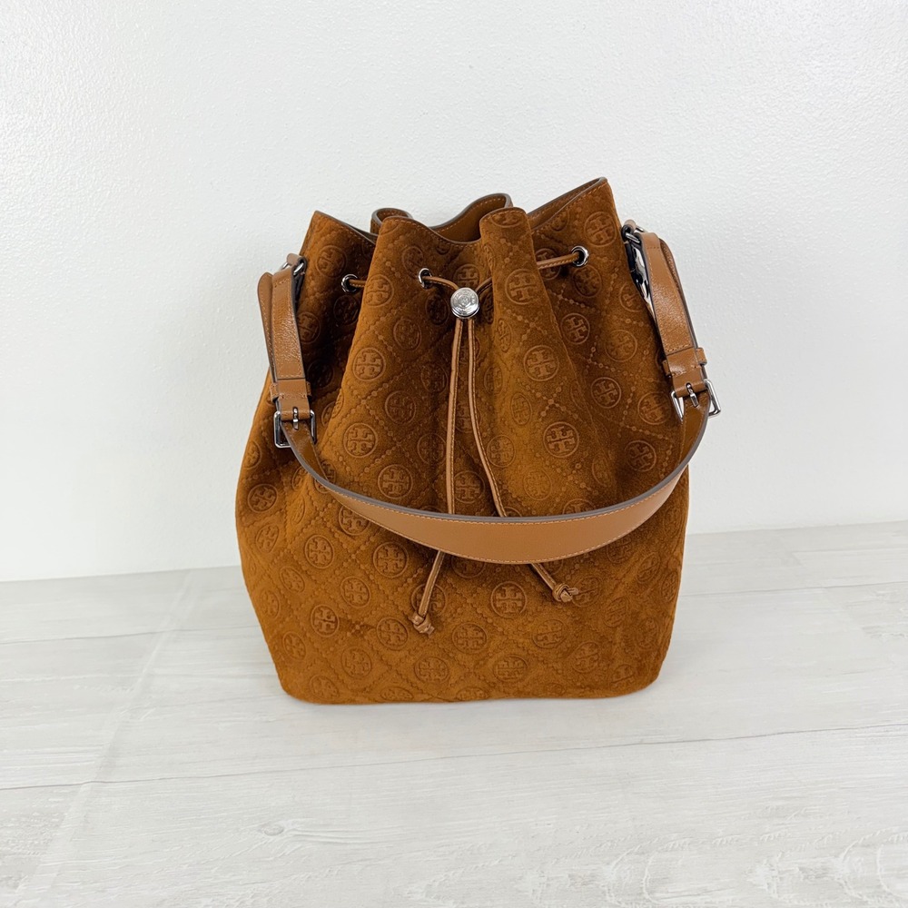 NWT Tory Burch T Monogram Suede Oversized Bucket Bag OS Chicory Brown Drawstring